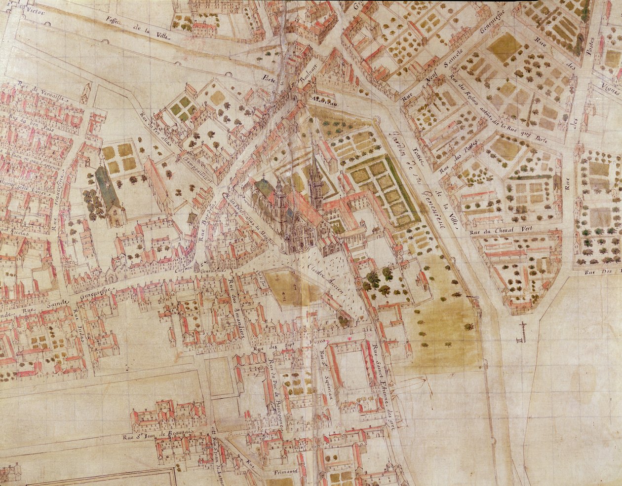 Detail mapy Paříže zobrazující vrchol Montagne Sainte-Genevieve, 1664 od French School