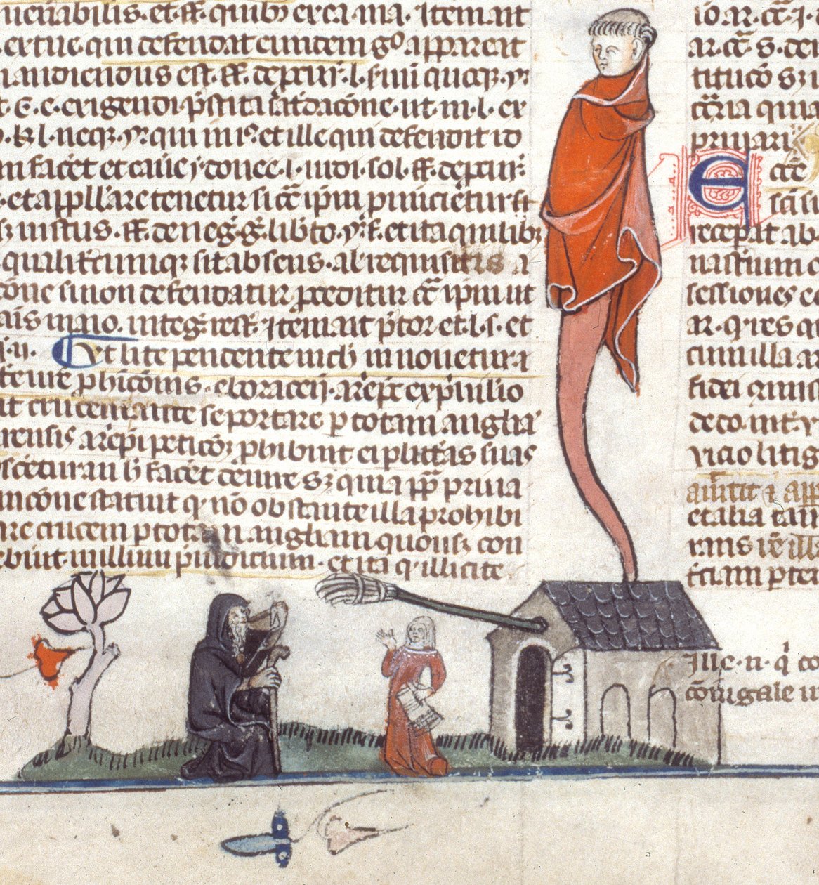 Detail basde-page scény poustevníka sedícího před hospodou popíjející pivo, cca 1300-40 (inkoust na pergamenu) od French School