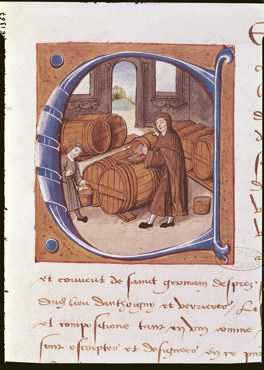 Detail historické iniciály s vyobrazením vinaře při práci z „Rejstříku opatství Saint-Germain-des-Pres“ (vellum) od French School