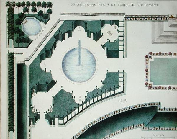 Detail zahrad v Marly (barevná rytina) od French School