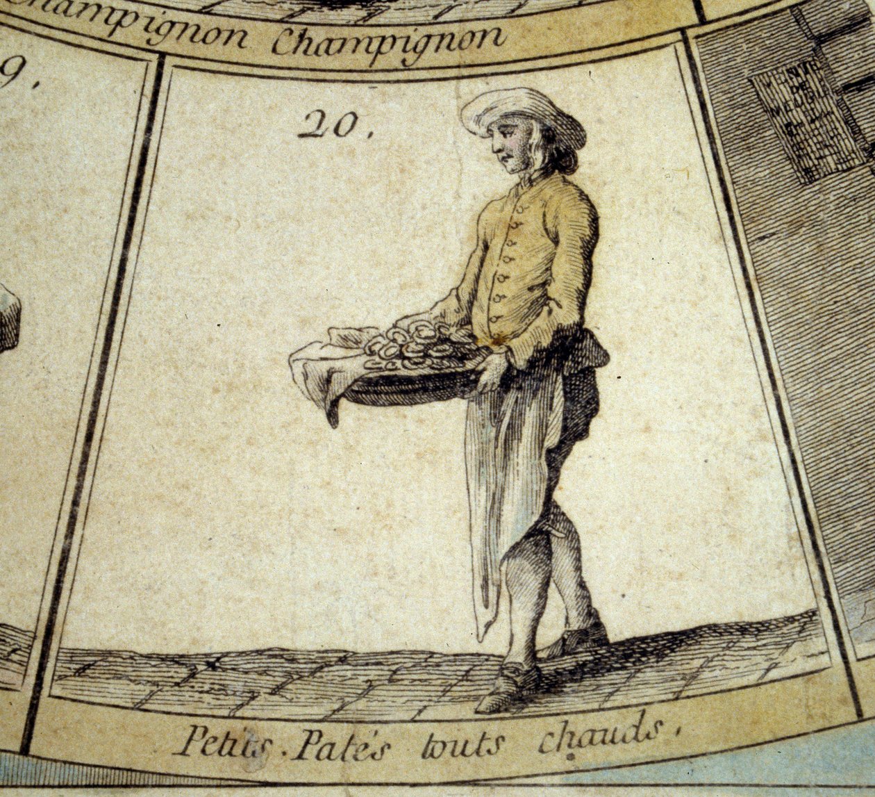 Detail hry Cree of Paris husa: obchodník s horkými těstovinami. Rytina 18. století. Kol. Odjezd. od French School