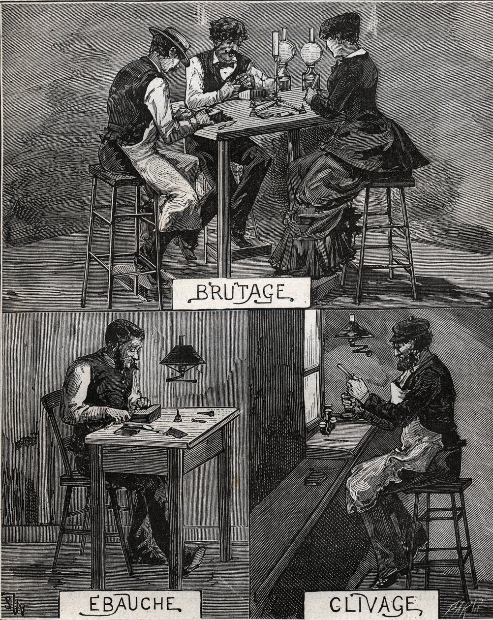 Diamantové řezání, zdravé, hrubé a štěpení. Rytina z roku 1885 v „“Les arts et metiers illustres““ od Adolphe BITARDA. od French School
