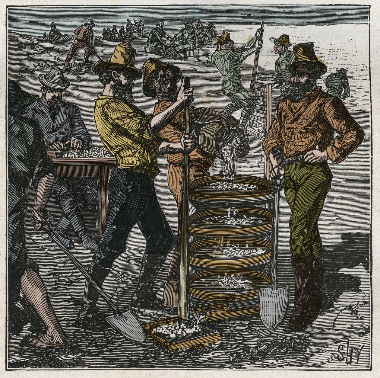 Praní diamantů v Jižní Africe v 19. století. Rytina z roku 1885 v „“Les arts et metiers illustres““ od Adolphe BITARDA. od French School