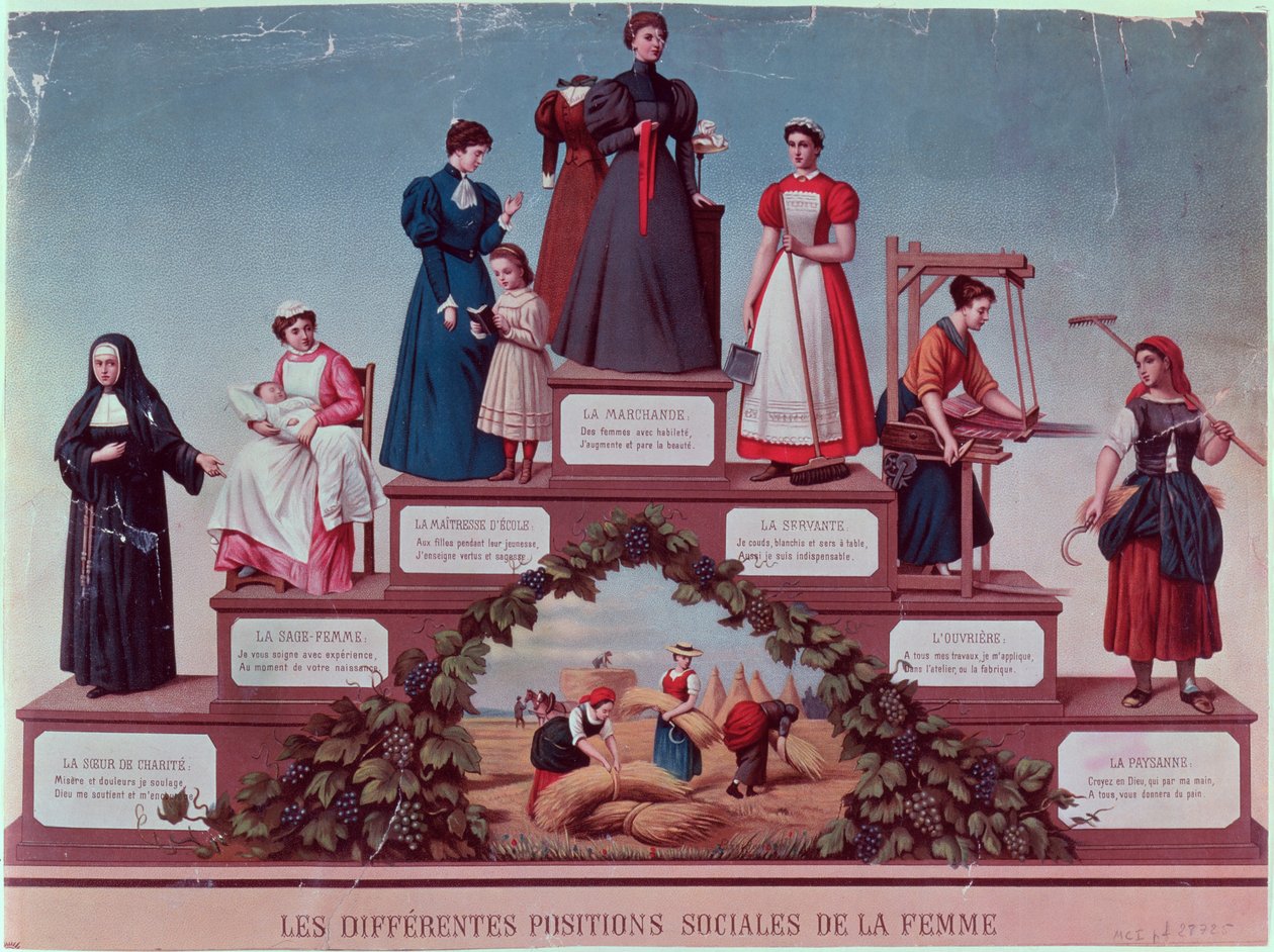 Různé sociální postavení žen, konec 19. století (barevná rytina) od French School