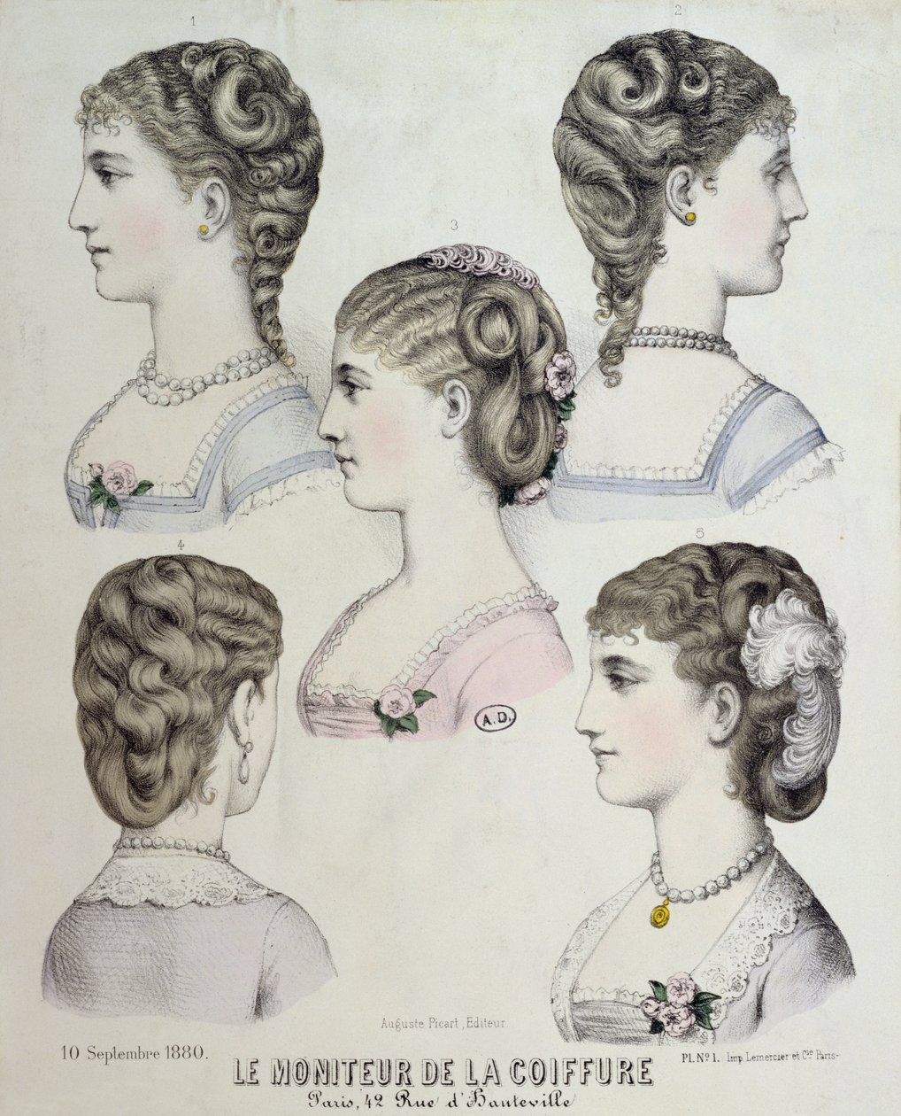 Různé účesy, talíř z Le Moniteur de la Coiffure, 1880 od French School