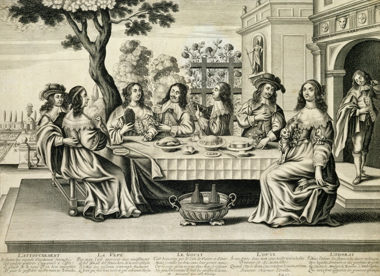Stolující na terase s formální zahradou pod ní, rytina Balthazara Moncorneta (asi 1600-68) od French School