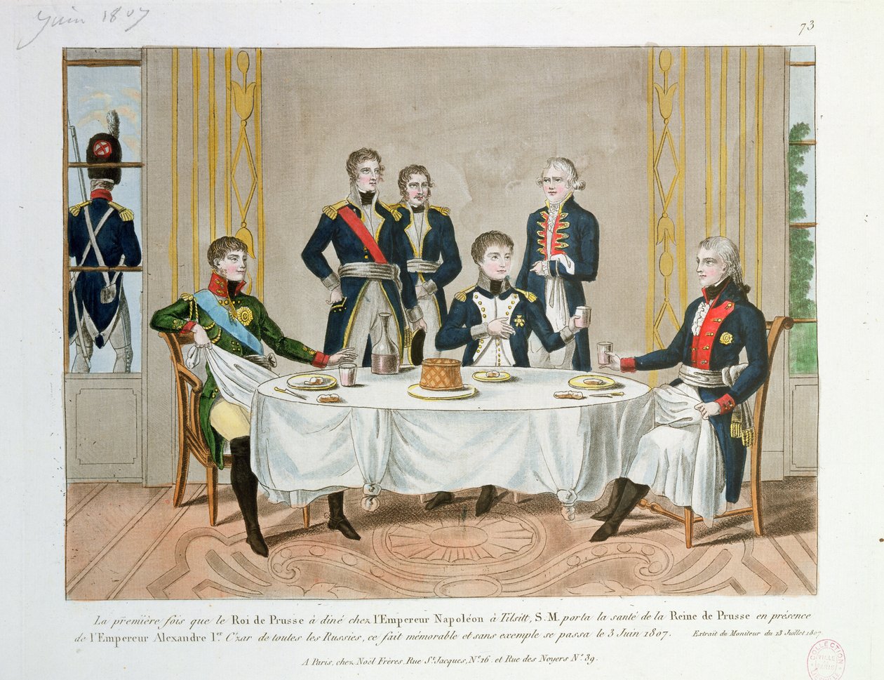 Večeře v Tilsitu mezi Fridrichem Vilémem III. Pruským, carem Alexandrem I. Ruským a Napoleonem, který pronáší přípitek na královnu Pruska, 3. června 1807 od French School