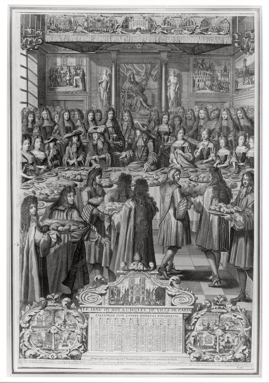 Večeře Ludvíka XIV. (1638-1715) v Hotel de ville, 30. ledna 1687, z kalendáře roku 1688 od French School