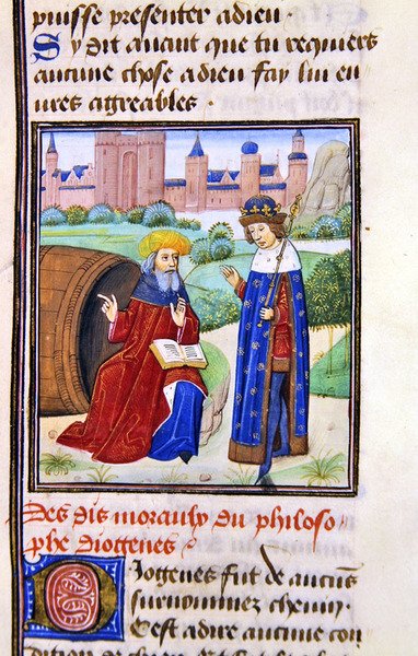 Diogenes, z Histoire des Philosophes, konec 15. století (vellum) od French School