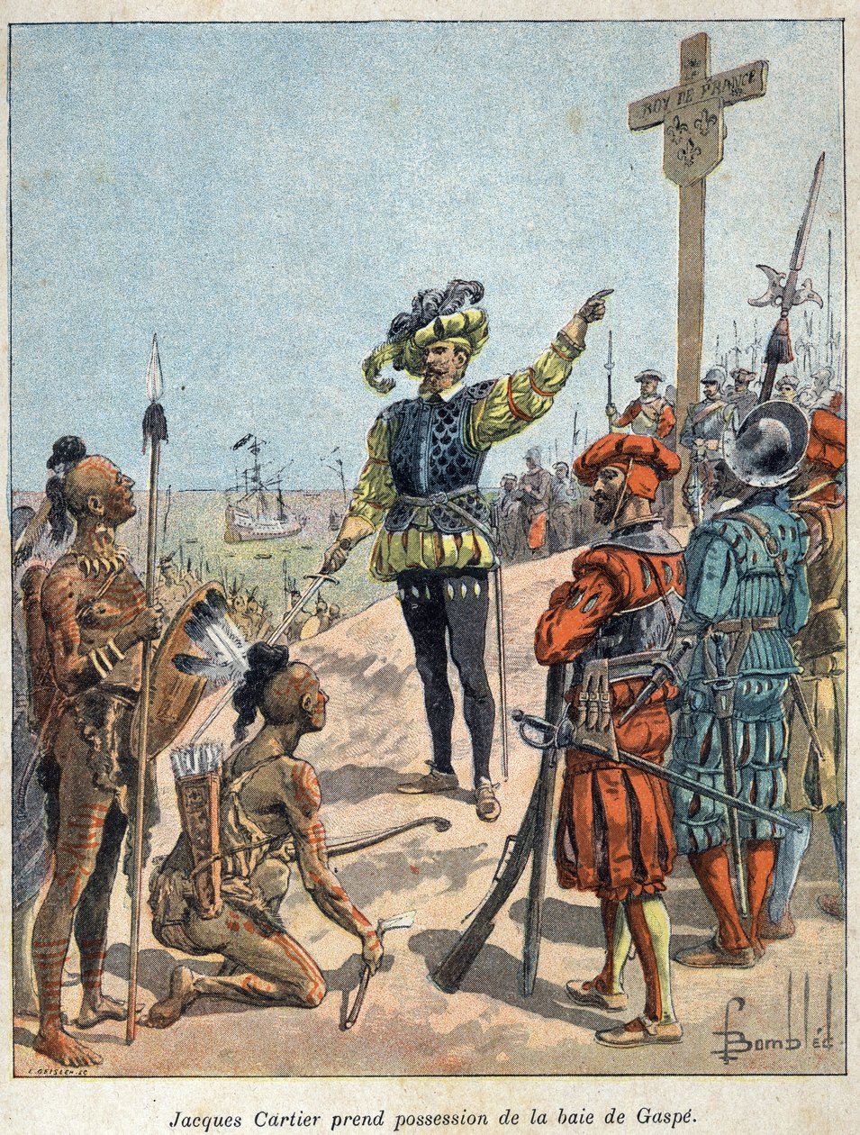 Objevte Kanadu: Jacques Cartier (1491-1557), francouzský mořeplavec a průzkumník se zmocnil zálivu Gaspe a postavil kříž 24. července od French School