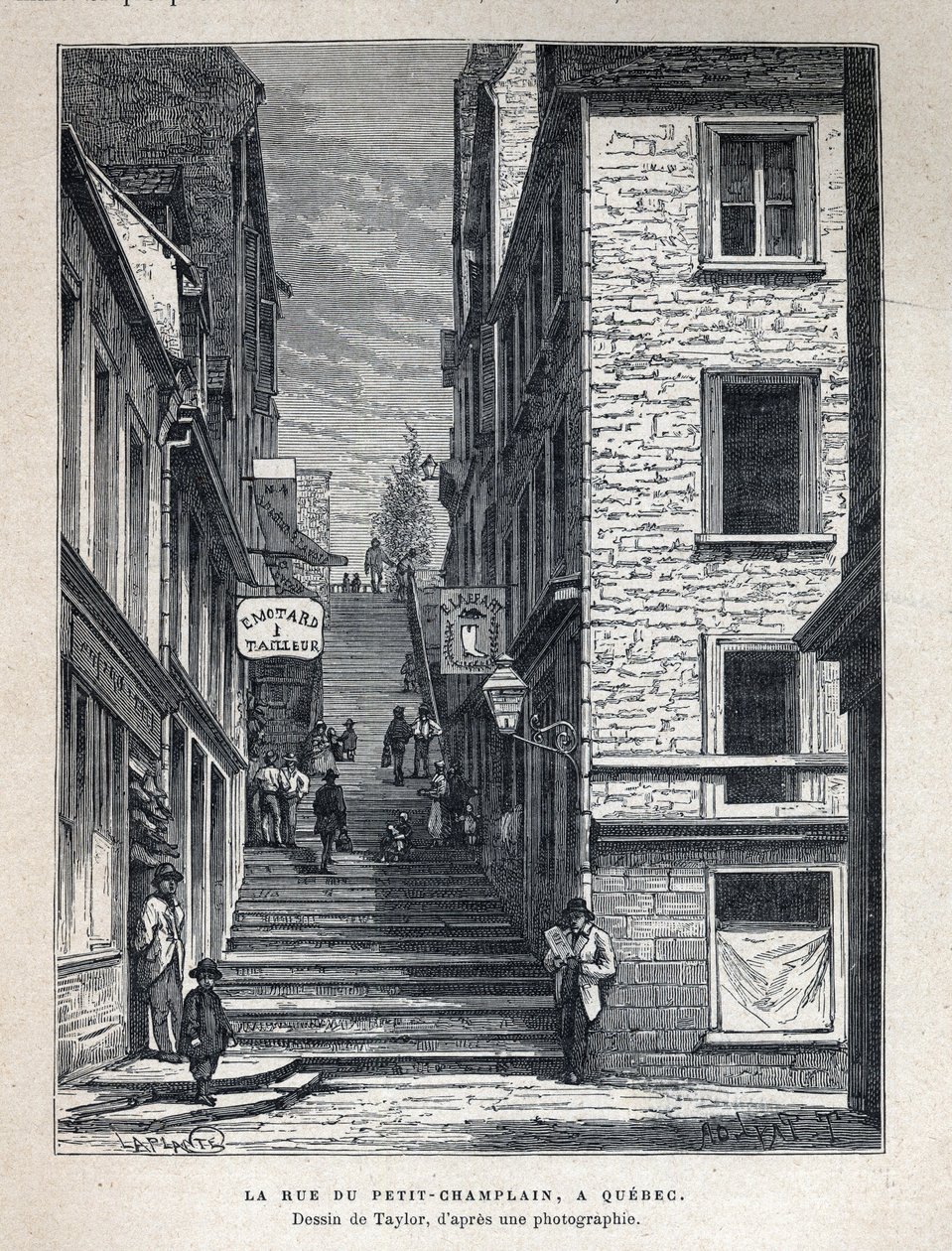 Objevte Kanadu: Rue du Petit Champlain (Petit-Champlain) v Quebecu. Kresba Taylorem z fotografie. Rytina z konce 19. století v „La nouvelle France“ od Eugena Guenina. od French School