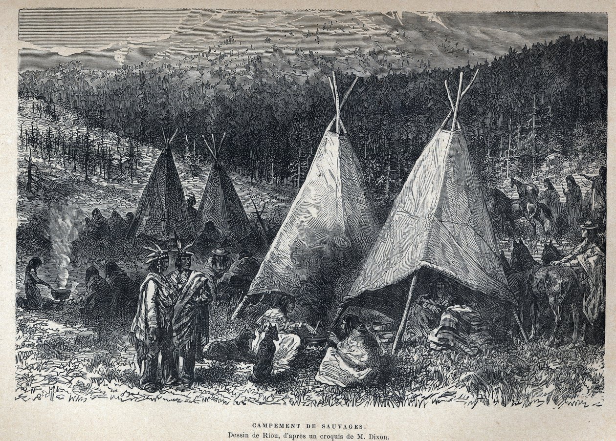 Objevená Kanada: Indiánský tábor s teepee. Kresba Riou ze skici od Dixona. Rytina z konce 19. století v „La nouvelle France“ od Eugena Guenina. od French School