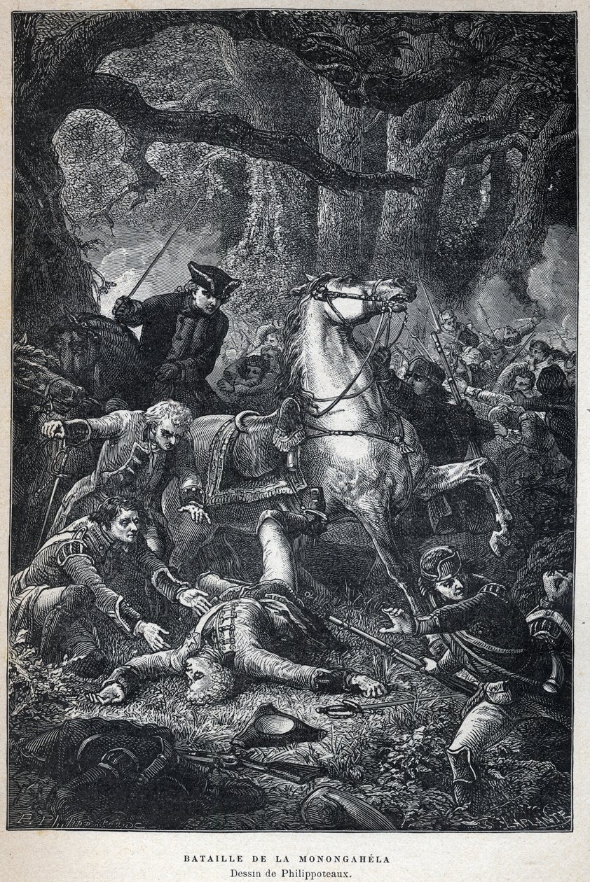 Objevená Kanada: Bitva u Monongahely v roce 1755 během sedmileté války. Kresba Philippoteaux. Rytina z konce 19. století v „La nouvelle France“ od Eugena Guenina. od French School