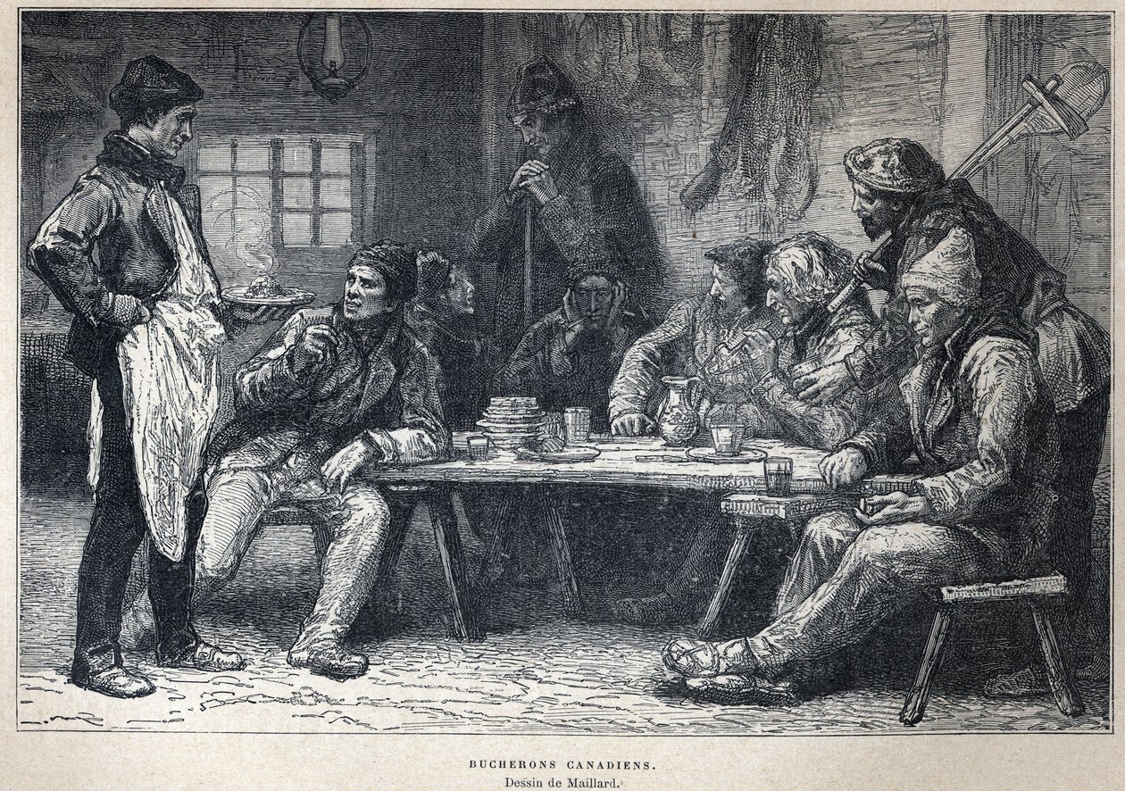 Objevená Kanada: Kanadští dřevorubci. Kresba od Maillarda. Rytina z konce 19. století v „La nouvelle France“ od Eugena Guenina. od French School