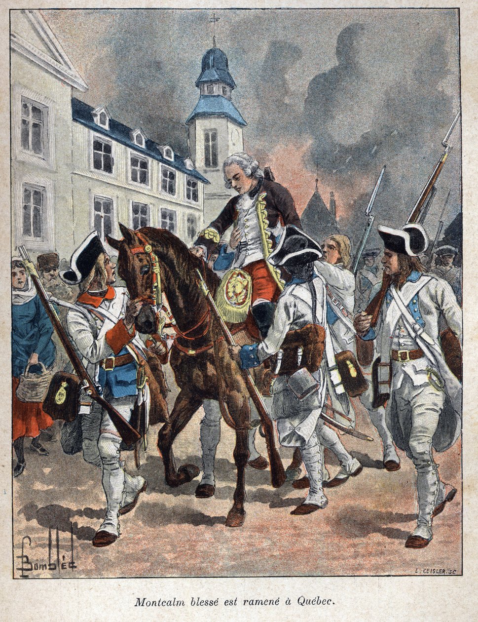 Objevená Kanada: Louis Joseph de Montcalm (1712-1759) generál francais zraněn během obléhání města Quabec Angličany a přivezen zpět do Quebecu v roce 1759. Rytina z konce 19. století v „La nouvelle France“ od Eugena Guenin. od French School