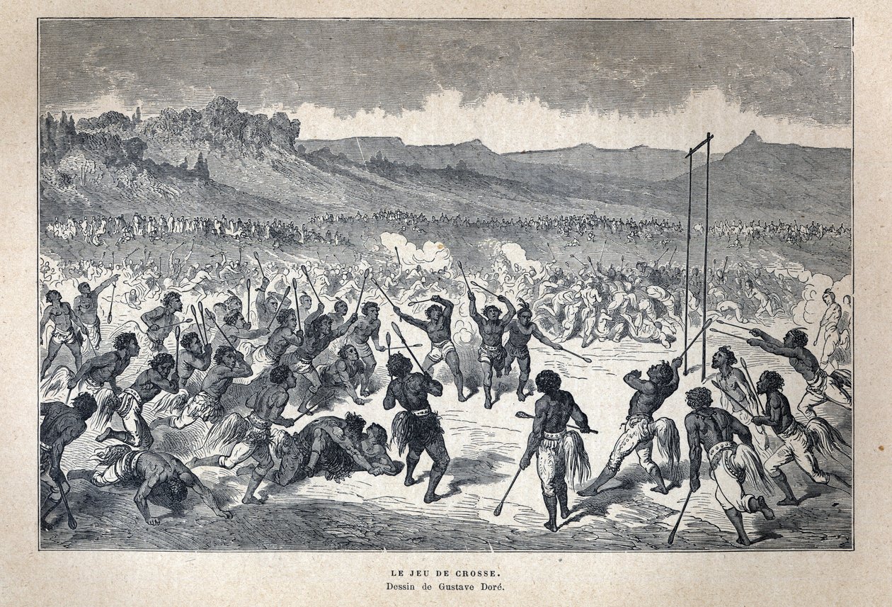 Objevená Kanada: Sport. Lakrosová hra amerických indiánů. Kresba Gustave Dore. Rytina z konce 19. století v „La nouvelle France“ od Eugena Guenina. od French School