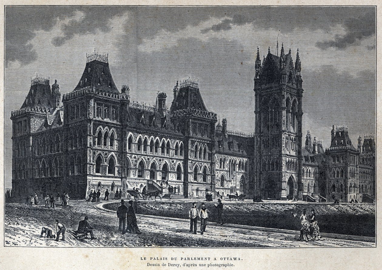 Objevená Kanada: Parlamentní palác v Ottawě. Kresba od Deroye z fotografie. Rytina z konce 19. století v „La nouvelle France“ od Eugena Guenina. od French School