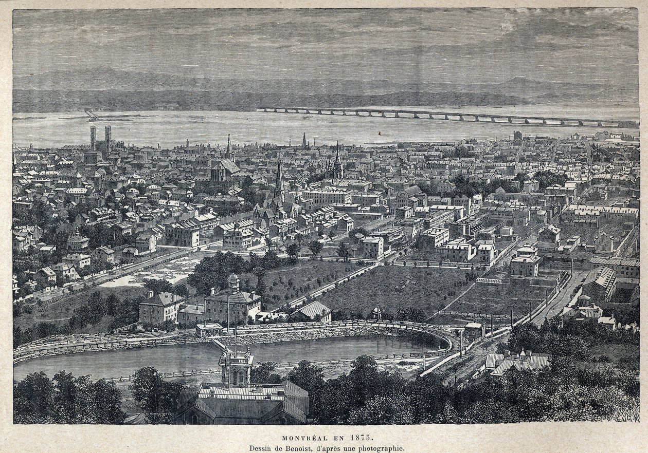 Objevená Kanada: pohled na město Montreal v roce 1875. Kresba Benoista po fotografii. Rytina z konce 19. století v „La nouvelle France“ od Eugena Guenina. od French School