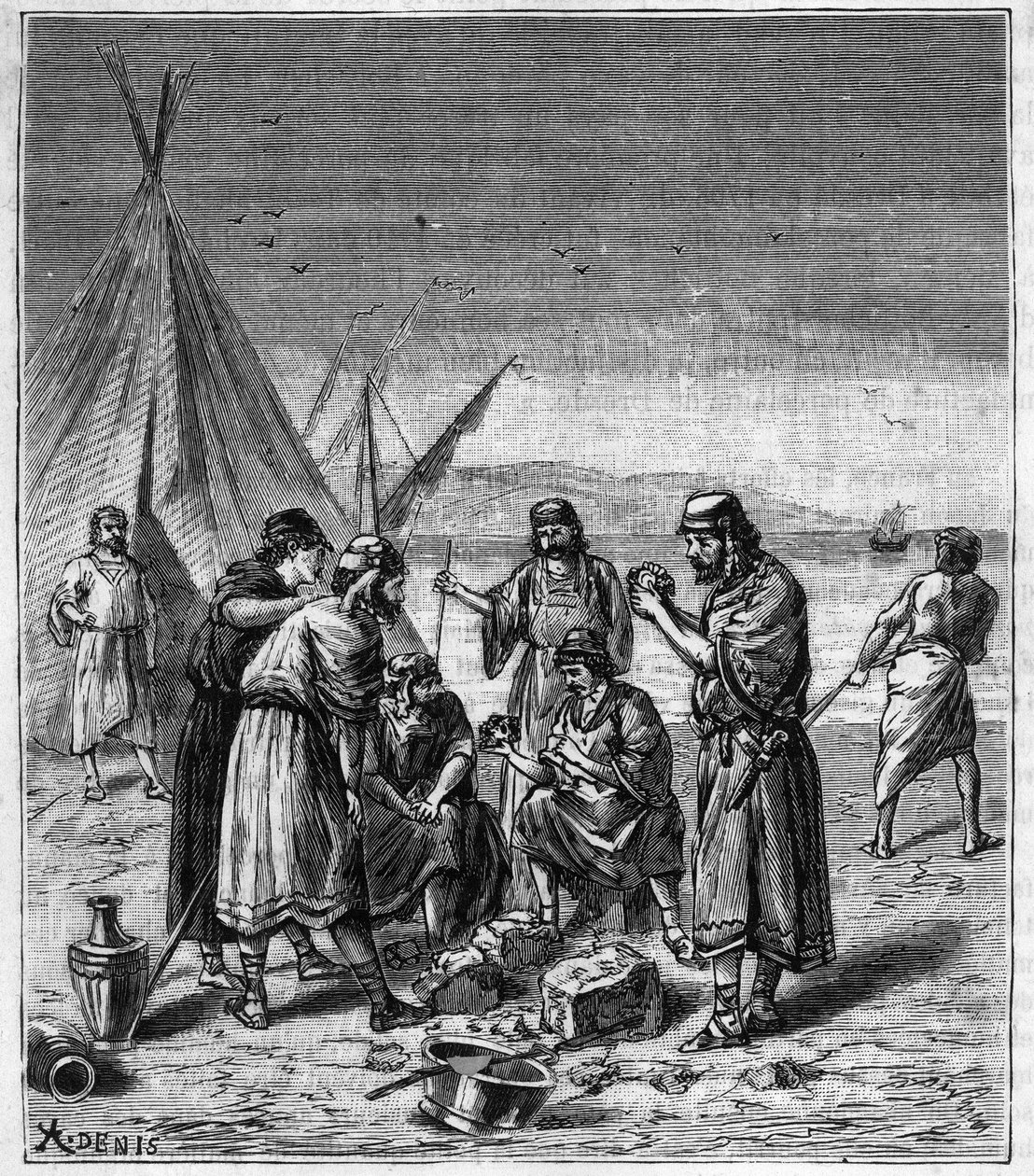 Objeveno výrobou skla fénickými obchodníky - Rytina do „Vědy přístupné každému – fyzika a chemie““ od Alexise Clerca - Konec 19. století - Soukromá sbírka od French School