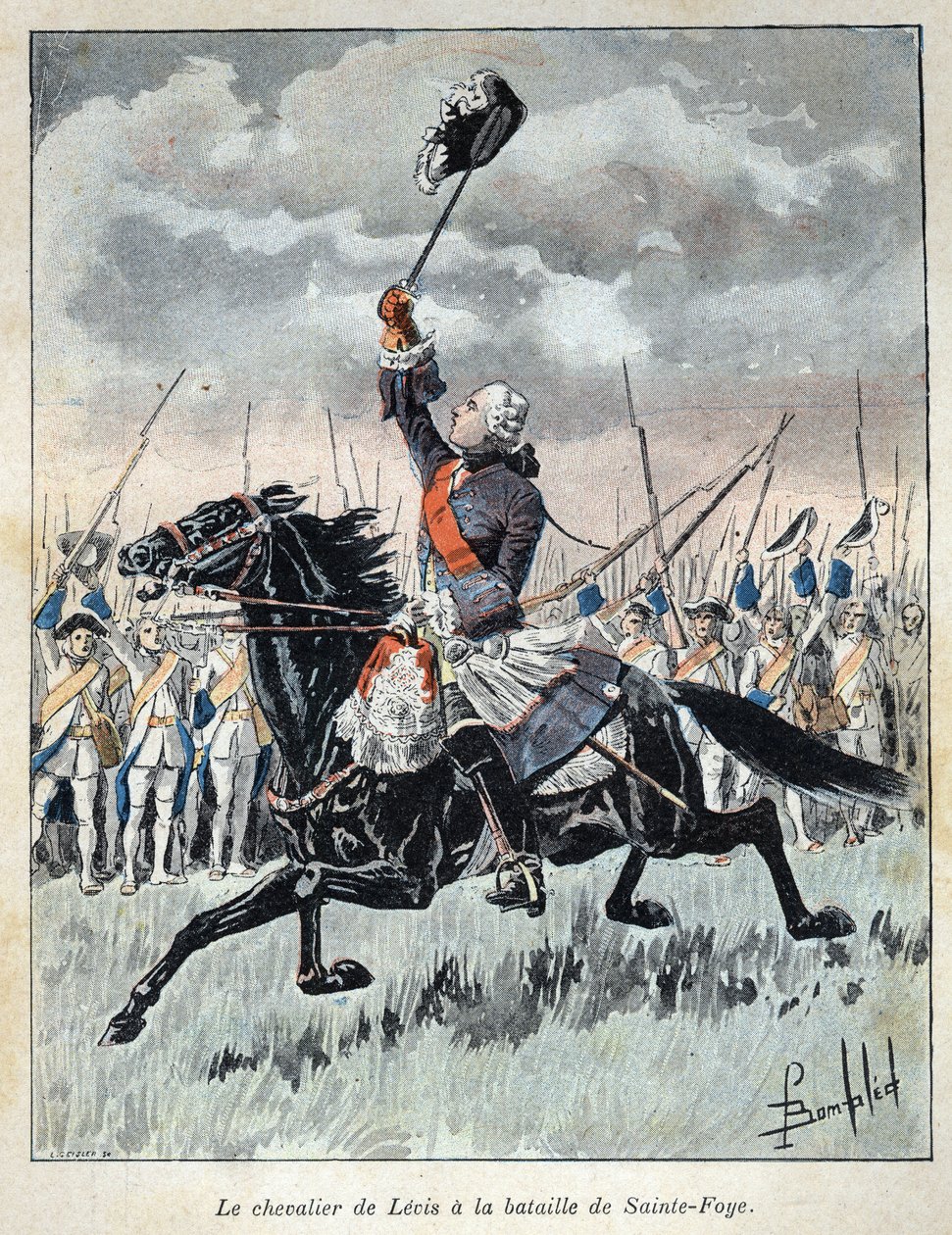 Objeveno z Kanady: Francois Gaston dit Chevalier de Levis (1719-1787) povzbuzující své vojenské jednotky v bitvě u Saint Foy (Sainte-Foy) 27. dubna 1760 proti Anglii. Rytina z konce 19. století v „La nouvelle France“ od Eugena od French School