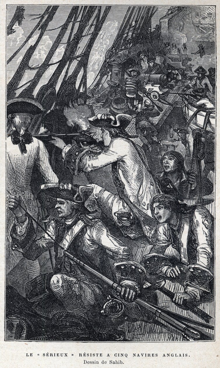 Objeveno z Kanady: Jacques Pierre de Taffanel de la Jonquiere (1685-1752) Francouzský námořní důstojník v čele francouzské lodi „“Le serieux““ odolal pěti anglickým lodím. Kresba Sahibem. Rytina z konce 19. století v „La nouvelle Fra od French School