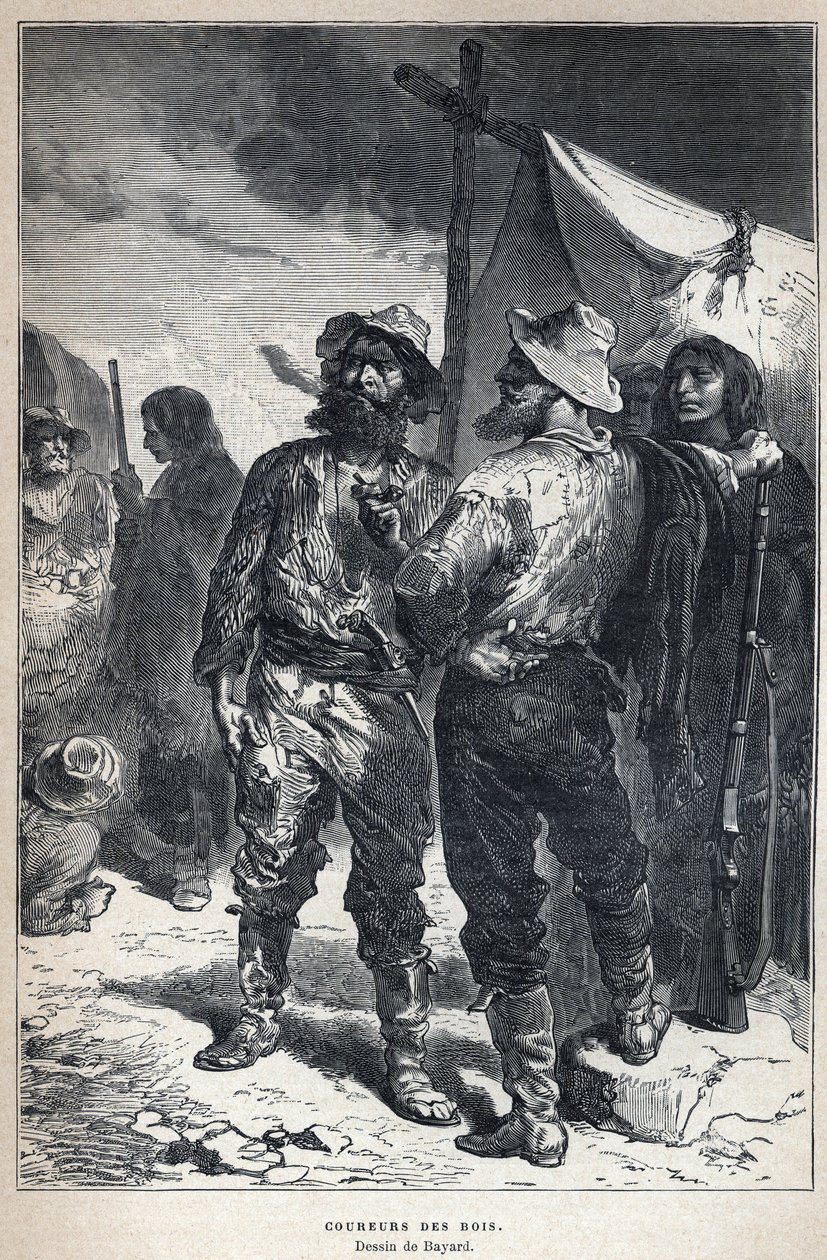 Objeven z Kanady: coureur des bois (zapojený do obchodu s kožešinami s Indiány). Bayardova kresba. Rytina z konce 19. století v „La nouvelle France“ od Eugena Guenina. od French School