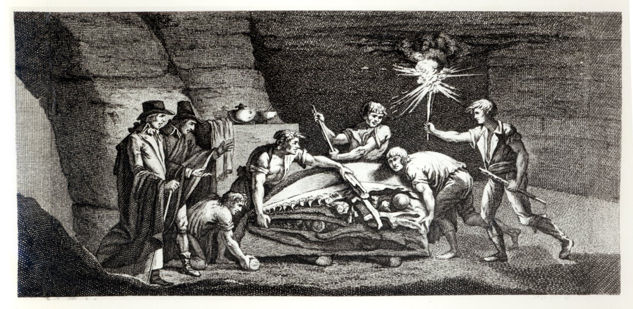 Objevování kostí prehistorického zvířete, ilustrace z Histoire naturelle de la Montagne Saint-Pierre de Maastricht od Barthelemy Faujas de Saint Fond (1743-1819) 1799 od French School