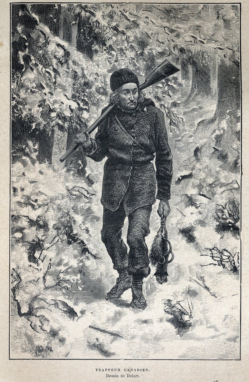 Disouverte du Canada: portrét kanadského lovce v lese. Rytina z konce 19. století v „La nouvelle France“ od Eugena Guenina. od French School