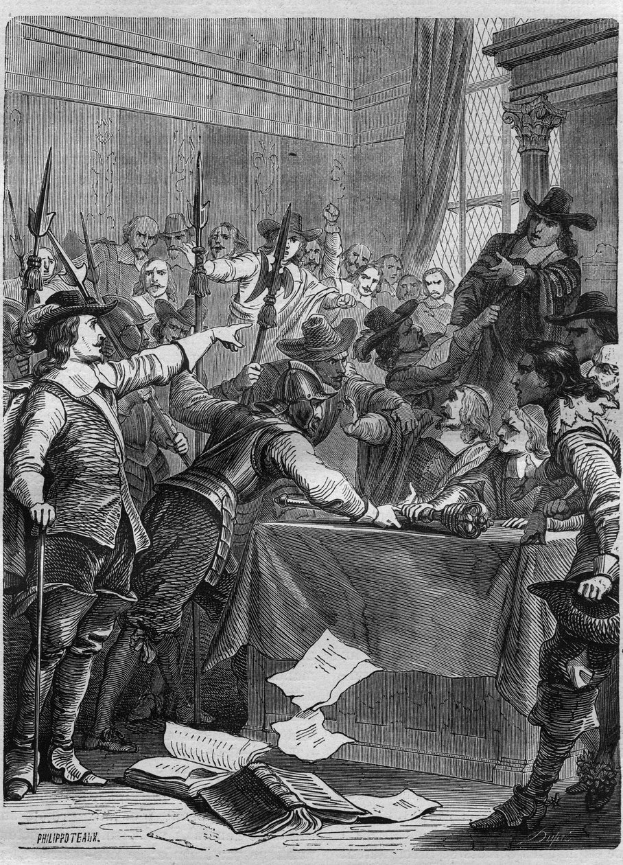 Rozpuštění parlamentu Oliverem Cromwellem (1599-1658) britským vojákem a politikem, který vládl Anglii. Rytina do „“ Historie papežů (...) Zločiny královny, krále a císařů v průběhu staletí“ od Maurice Lachatre od French School