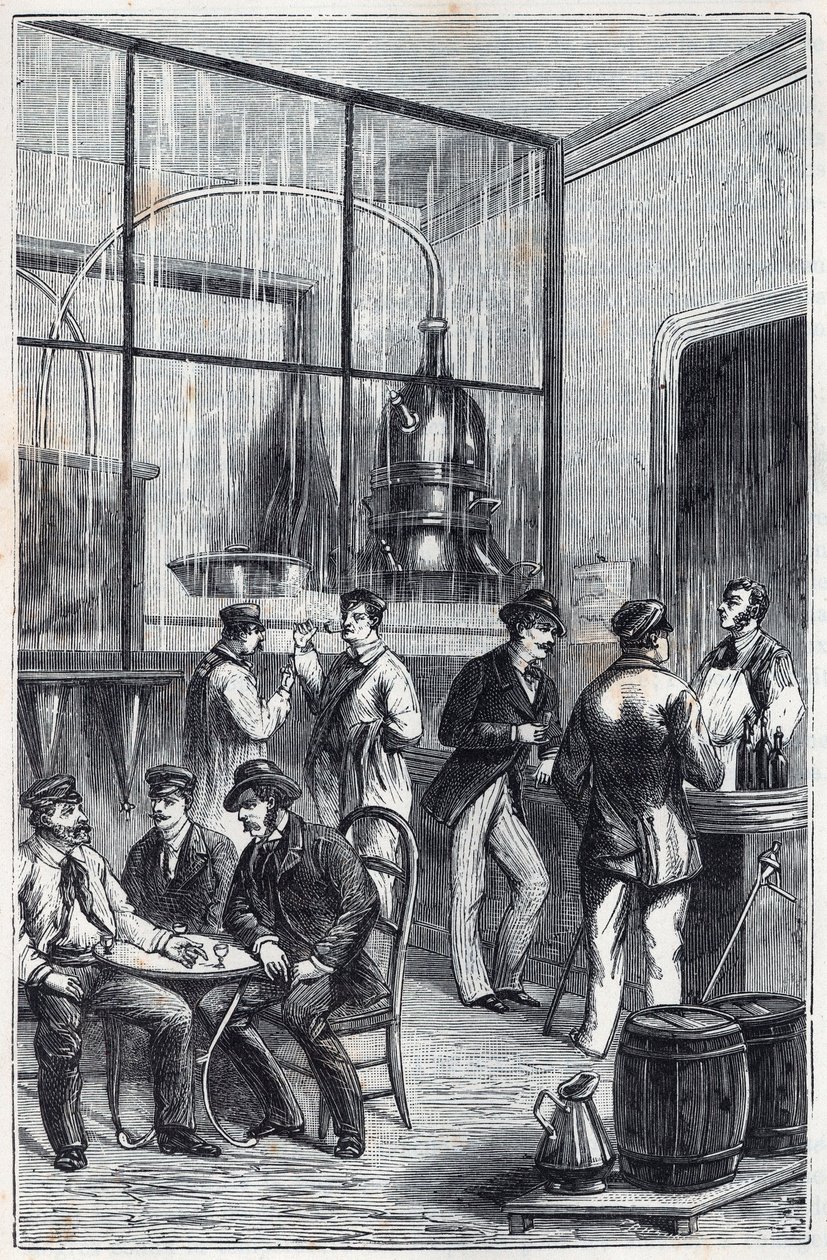 Prodejna destilátů v Paříži v 19. století – Rytina „Vědy dostupné všem – fyzika a chemie“ od Alexise Clerca – Konec 19. století – Soukromá sbírka od French School