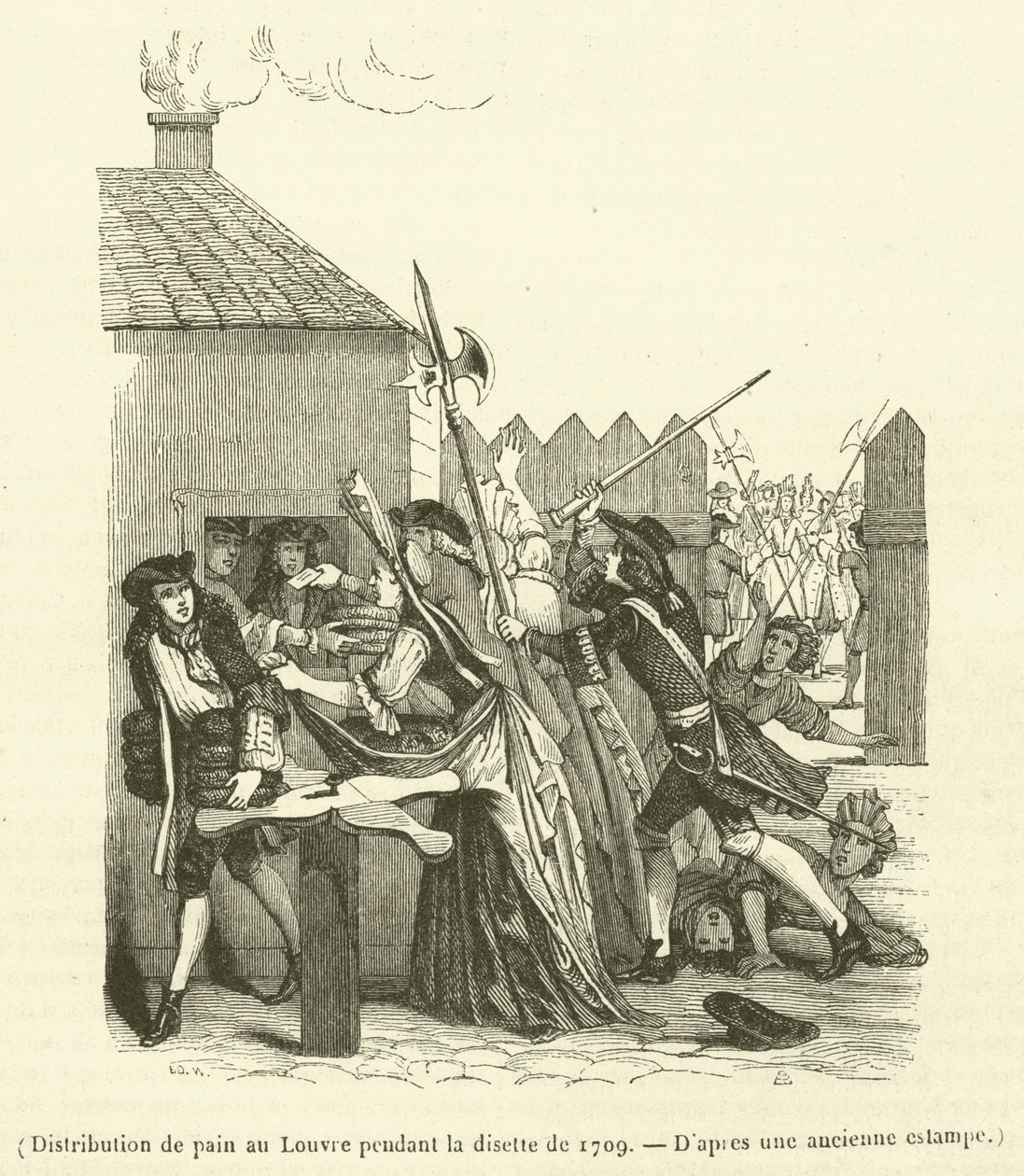 Rozdělování chleba v Louvru během nedostatku potravin v roce 1709 (rytina) od French School