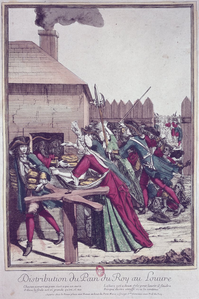 Distribuce Pain du Roi (King Bread) v Louvru v době hladomoru (barevná rytina) od French School