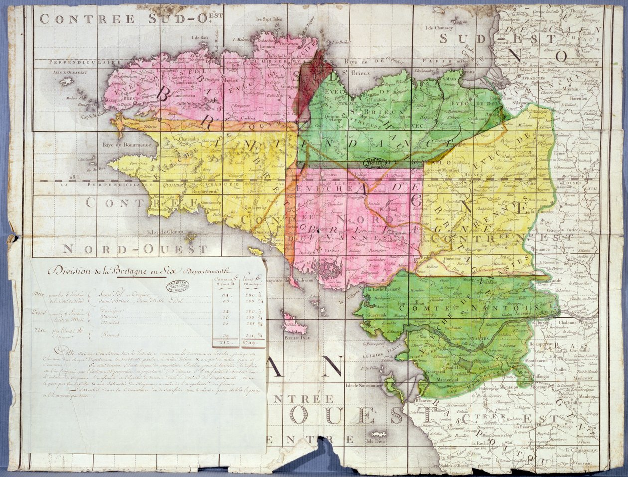 Rozdělení Bretaně na šest departementů, cca 1789-90 (barevné lito) od French School