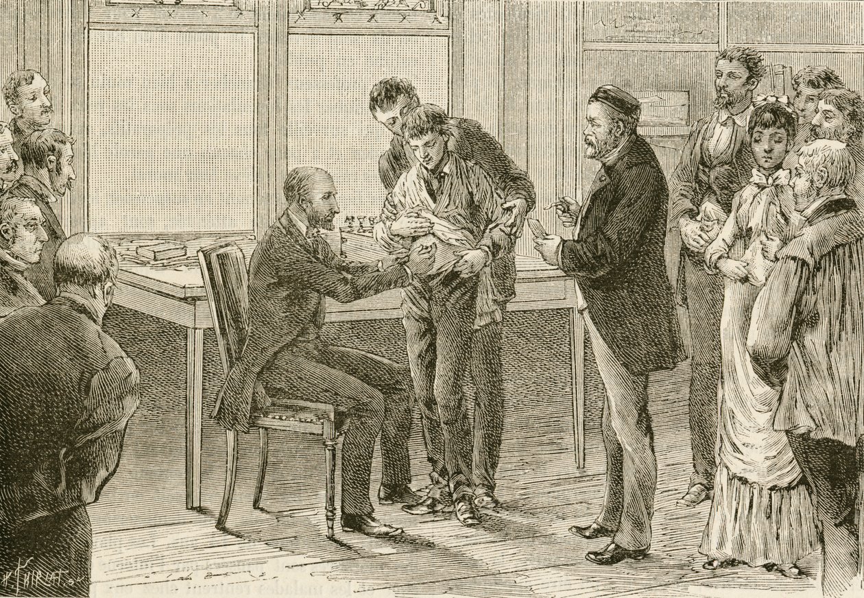 Doktor Pasteur vyšetřuje chlapce nakaženého vzteklinou. 19. století (rytina) od French School