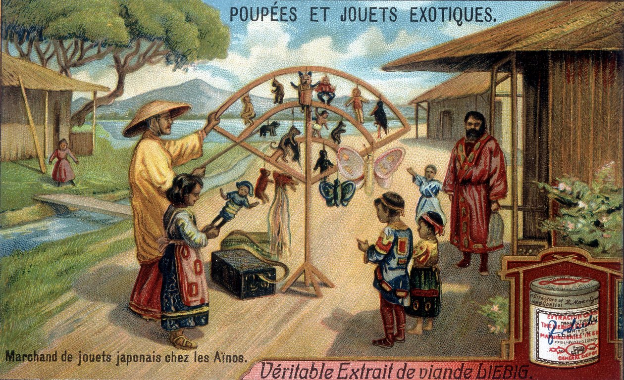 Panenky a exotické hračky: Japonský prodejce hraček v kmeni Ainu (Ainu) z Chishima. Chromolitografie produktů Liebig. od French School