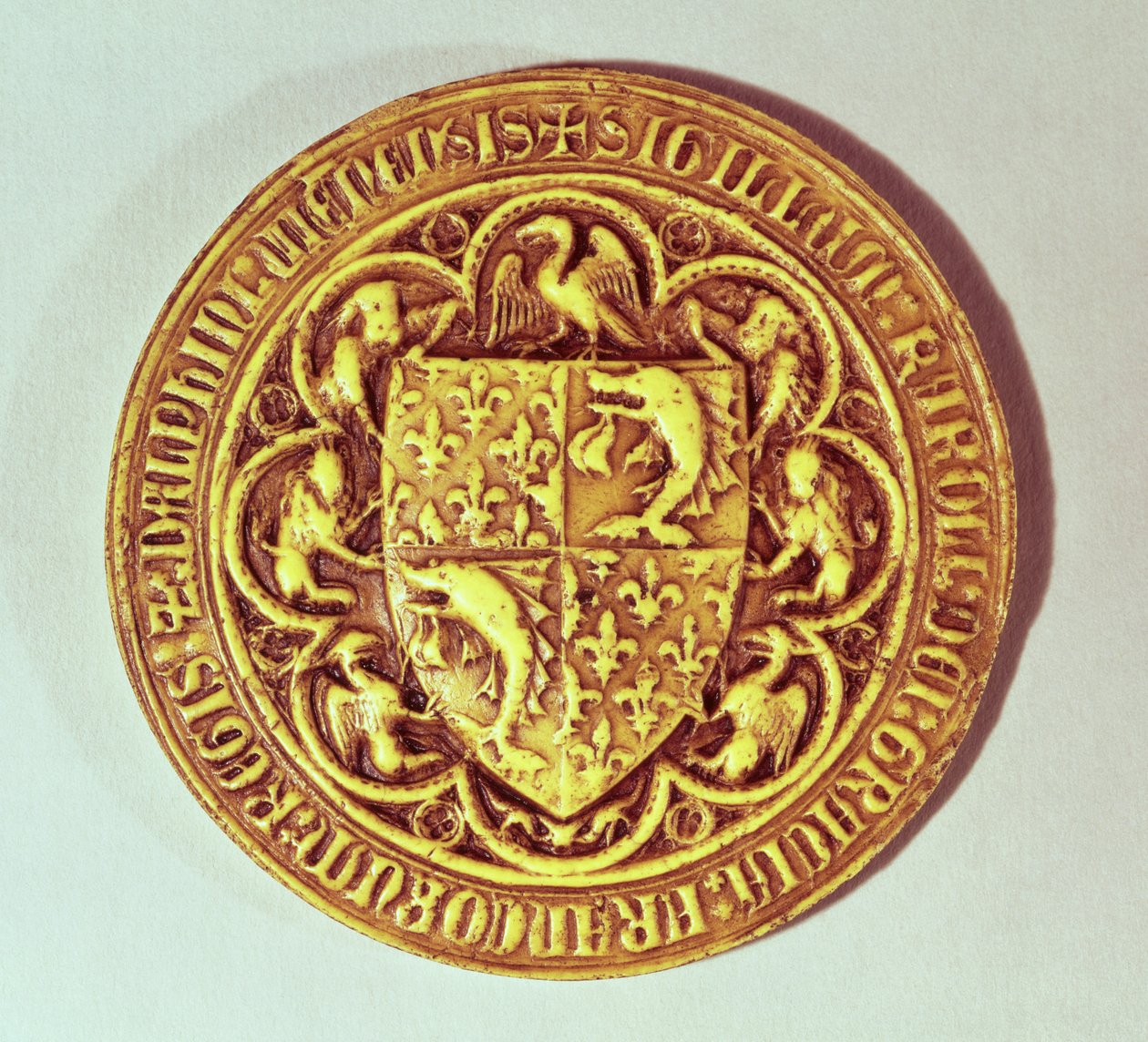 Pečeť delfínů, štít Francie, s delfíny a fleur-de-lys, 1376 od French School
