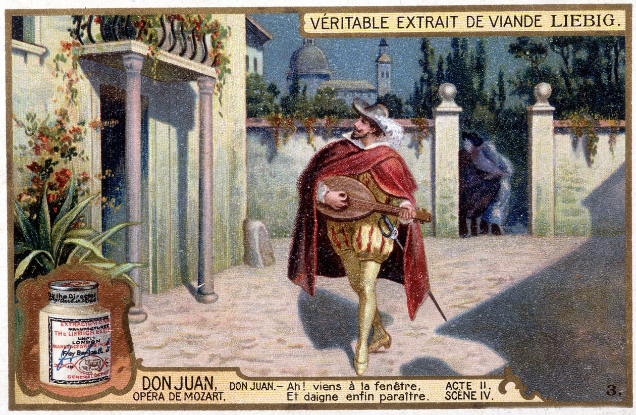 Don Juan v Trubadúrovi: dějství II sc. IV Mozartovy opery “” Don Giovanni””” Liebig Chromolitografie, v.1900 od French School