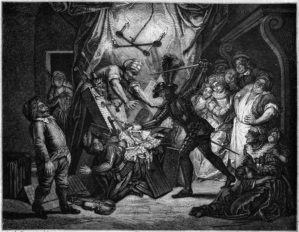 Don Quijote bojuje s loutkami, které považuje za Maury. Rytina V. Beauce podle obrazu Charlese Antoina Coypela (1694 - 1752) ilustrující román Cervantese (1547-1616). V „“malebném Le Magasin““ od French School