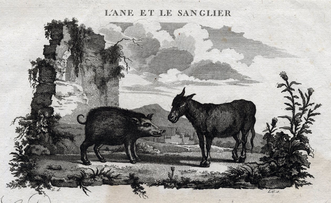 Osel a kanec. Pohádka o Esope. (Řecký spisovatel Esopo nebo Ecopus, 6. století př. n. l.) Napsal Guillaume Montfort a Gravees Beauble v roce 1801. od French School