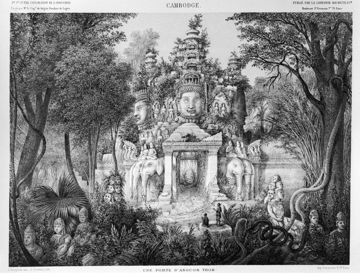 Doorway of Angkor Thom, ilustrace z Atlas du voyage exploration en Indochine, 1866-68, Doudart de Lagree, vydáno 1873, Paříž, Hachette od French School