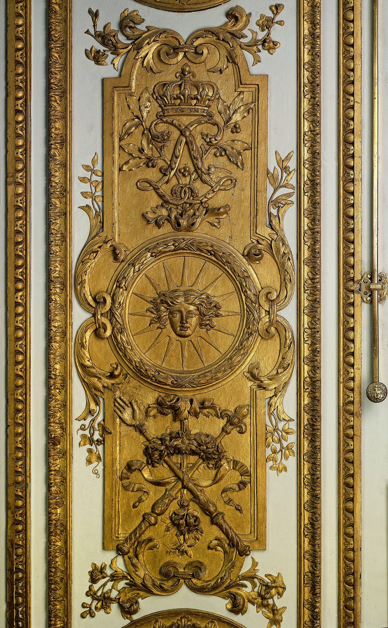 Dřevo dveří salonu Venuše se sluncem a žezlem. Versailles 17. století. Zámecké muzeum od French School