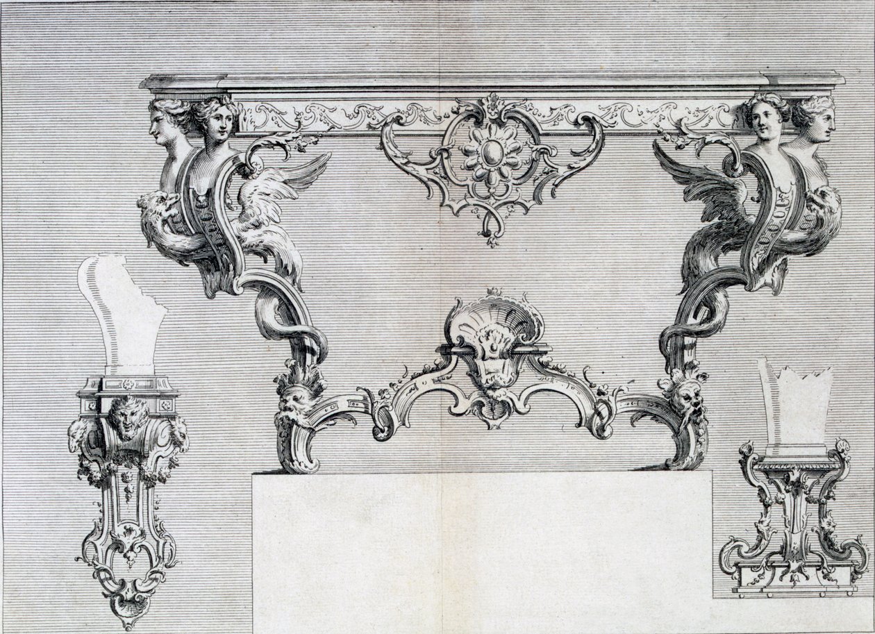 Dvojitý rozvětvený svícen s rokokovými a klasickými prvky, ze vzorníku neoklasicistních kovodělných vzorů sestavený Duhamelem, cca 1770-80s od French School