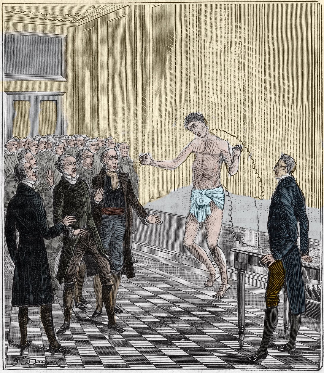 Dr. Andrew Ure provádějící voltaické experimenty na těle popraveného vraha Clydesdale v roce 1818 - Zkušenost Andrewa Ure (1778-1857) na mrtvole - Rytina v „“Vědy před dveře všem – fyzika a chemie““ od Alexis Clerc – konec 19 od French School
