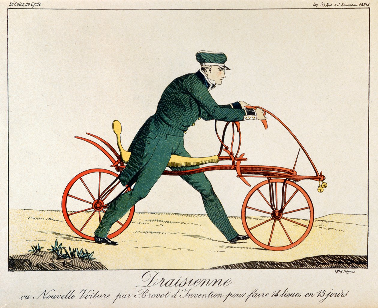 Draisienne, předchůdce jízdního kola, 1820 (barevná rytina) od French School