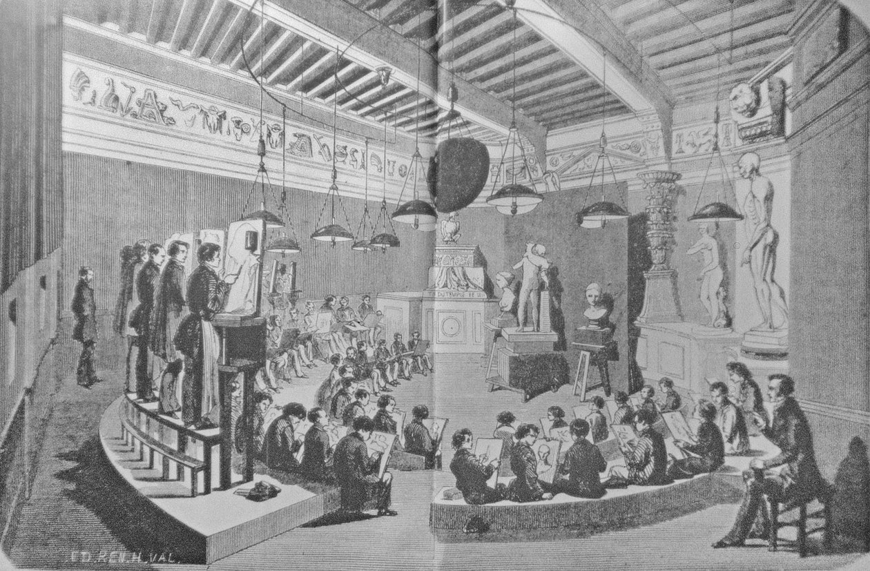 Lekce kreslení ze sochařství, Royal Free School of Art (litho) od French School