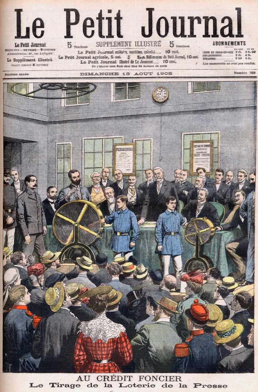 Losování tiskové loterie v kancelářích Credit Foncier z Francie do Paříže. Pozemkový úvěr. Losování tiskové loterie. Ilustrace pro Le petit Journal od French School