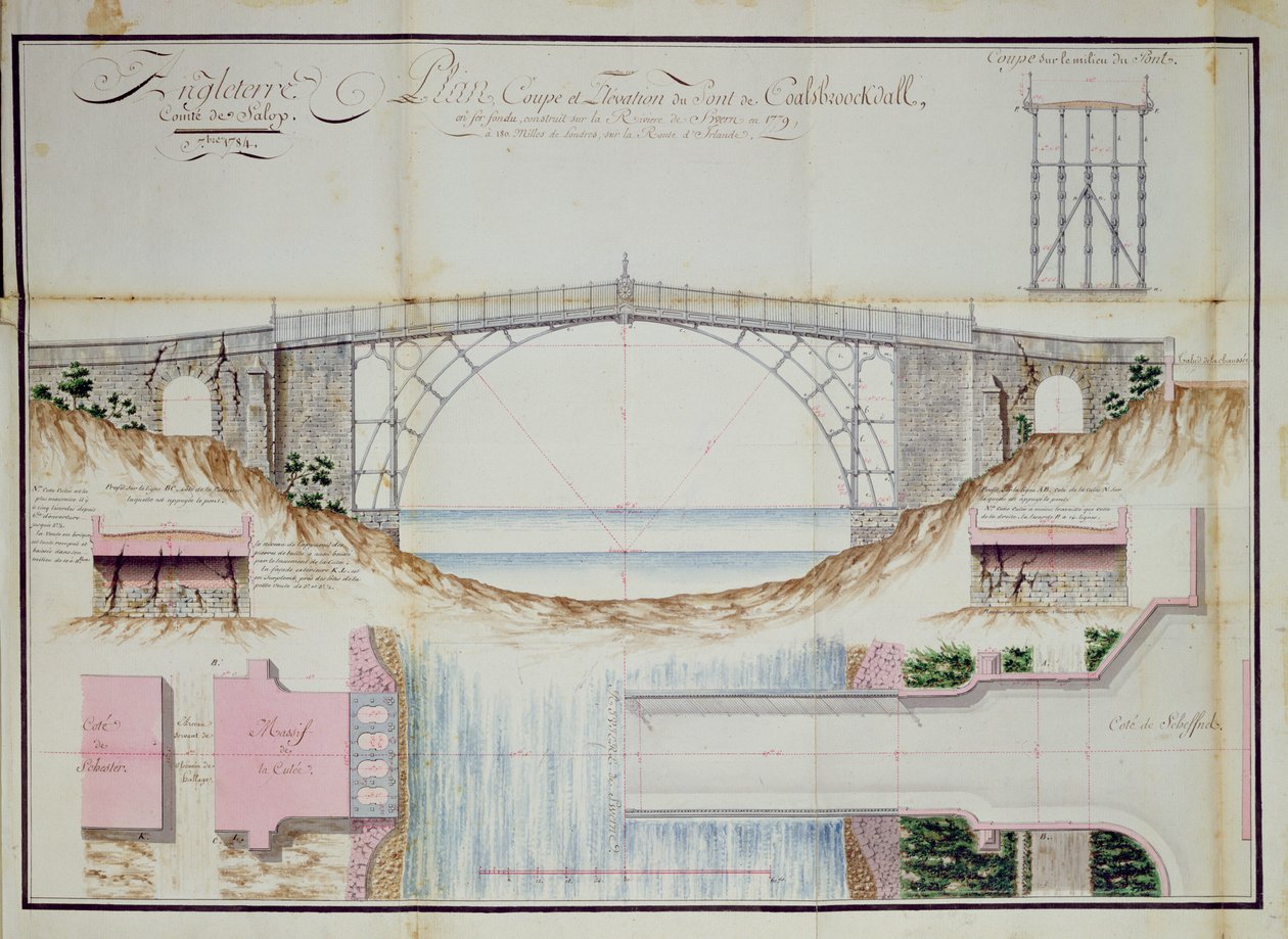 Výkresy a příčný řez Železným mostem postaveným v roce 1779 v Coalbrookdale, Shropshire, Anglie, 1784 (pero, inkoust a wc na papíře) od French School