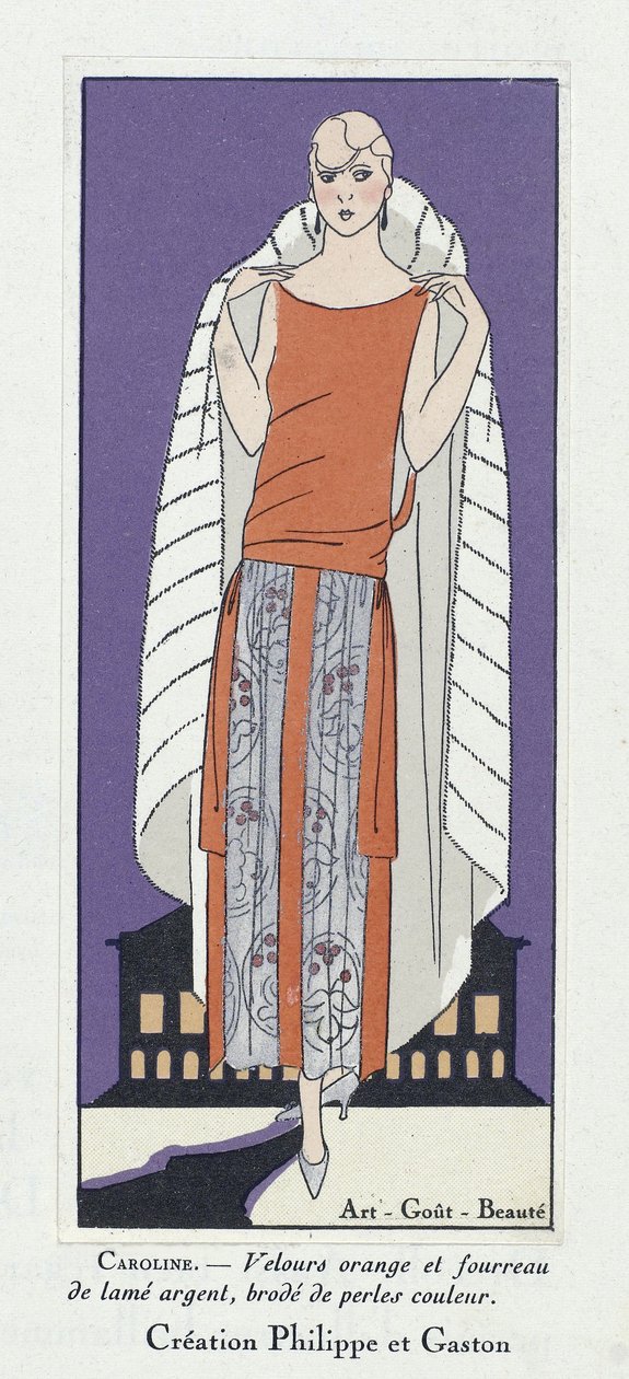 Návrh šatů "Caroline", od Art-Gout-Beaute, pub. 20. léta 20. století (barevná litografie) od French School