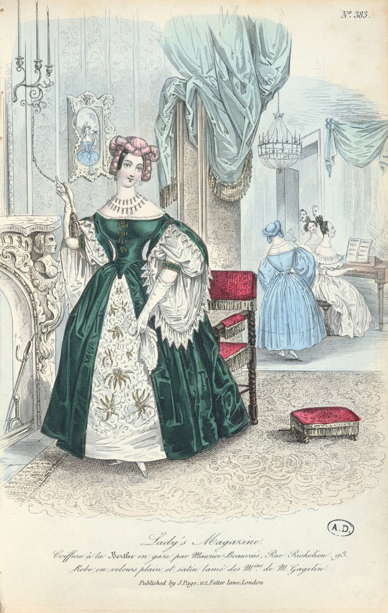 Šaty z hladkého sametu a chromého saténu, pařížský módní talíř z The Ladys Magazine, vydaný v Londýně, 1831 od French School