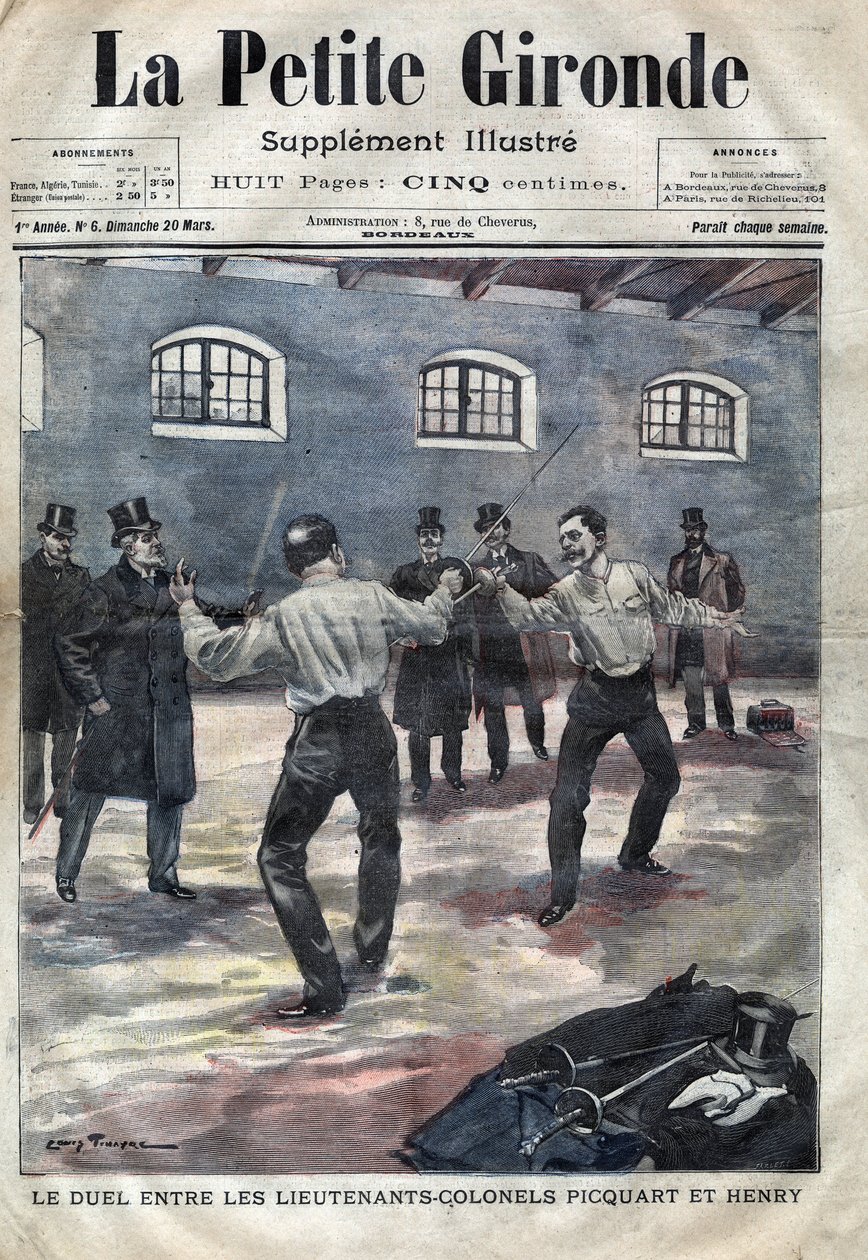 Dreyfusova aféra: souboj mezi podplukovníky Georges Picquartem (1854-1914) a Hubertem Henrym (1846-1898) na vojenské škole v Paříži. Obálka „La petite Gironde“ z března 1898 (rytina) od French School